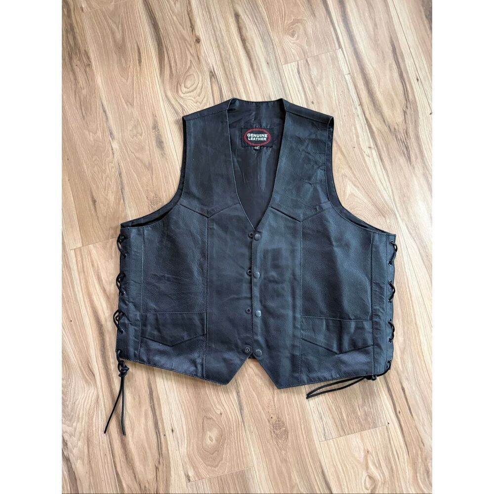 Genuine Leather Mens Black Motorcycle Biker Snap Button Up Leather Vest Size 48